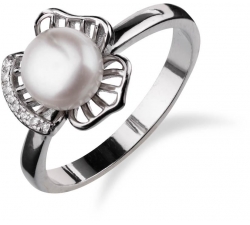Strieborný prsteň s kvetinkou , perlou v strede a zirkonmi SP72R , AG 925/1000